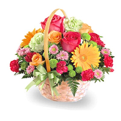 cane basket of 24 seasonal cut flowers